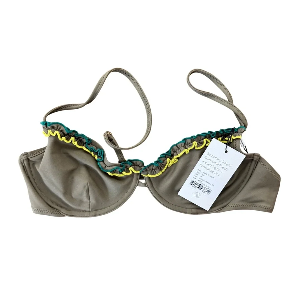 Something Navy Daffodil Ruffle Bikini Top Olive Green Underwire‎  M